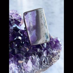 Dendritic Opal w/ Rainbow Fluorite Gemstone Cab Ring in 925 Sterling, Size 8.75